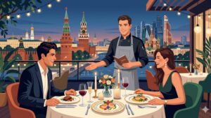 Современная иллюстрация изысканного ужина при свечах с шеф-поваром для романтического свидания в Москве